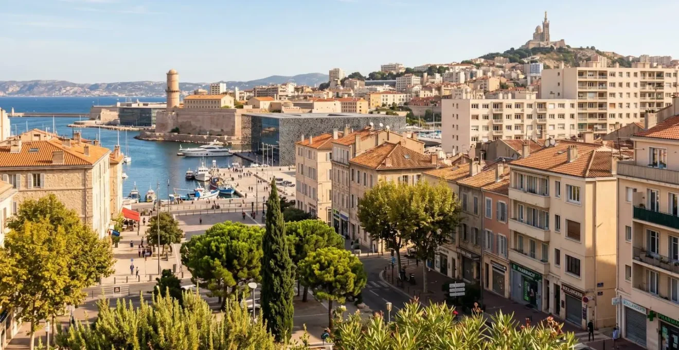 Vue urbaine de Marseille avec ses immeubles anciens aux façades claires et sa végétation méditerranéenne sous un ciel lumineux
