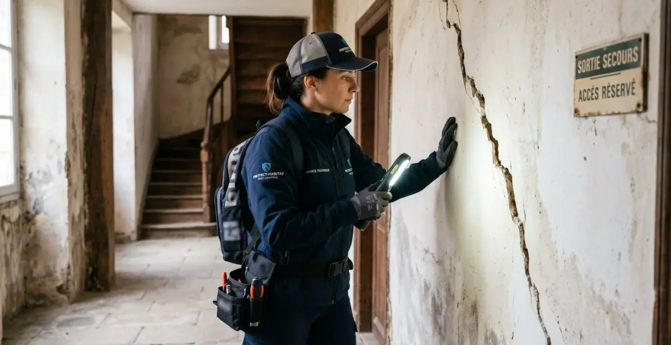 Un technicien en tenue professionnelle inspecte de dos une fissure dans un mur ancien à l'aide d'une lampe torche dans un environnement de travail réaliste