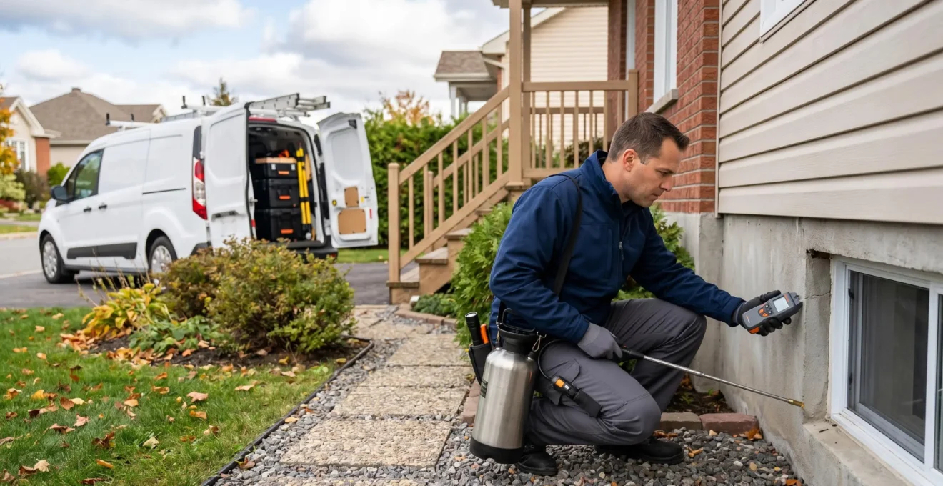 Technicien en extermination certifié inspectant une maison résidentielle à Mascouche avec équipement professionnel spécialisé
